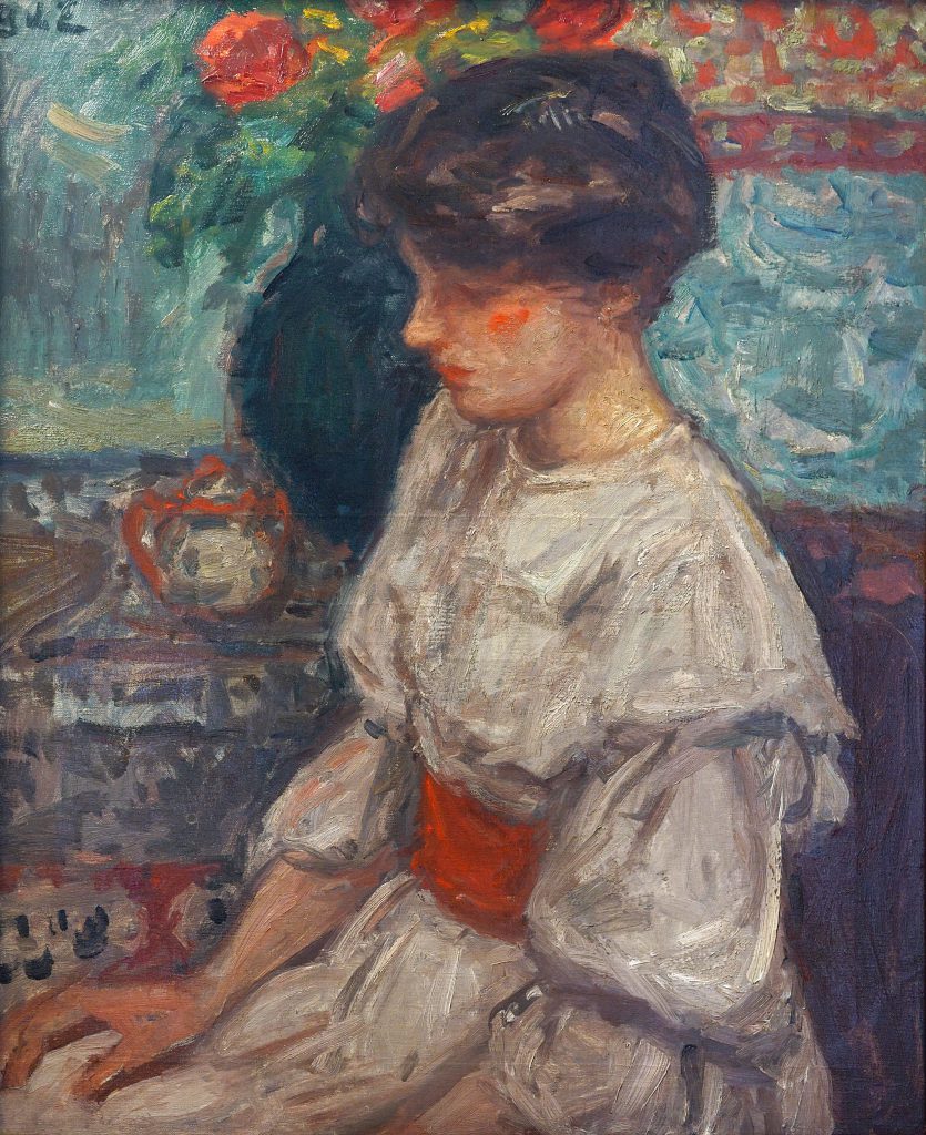 Portrait de jeune fille à la robe blanche et à la ceinture rouge